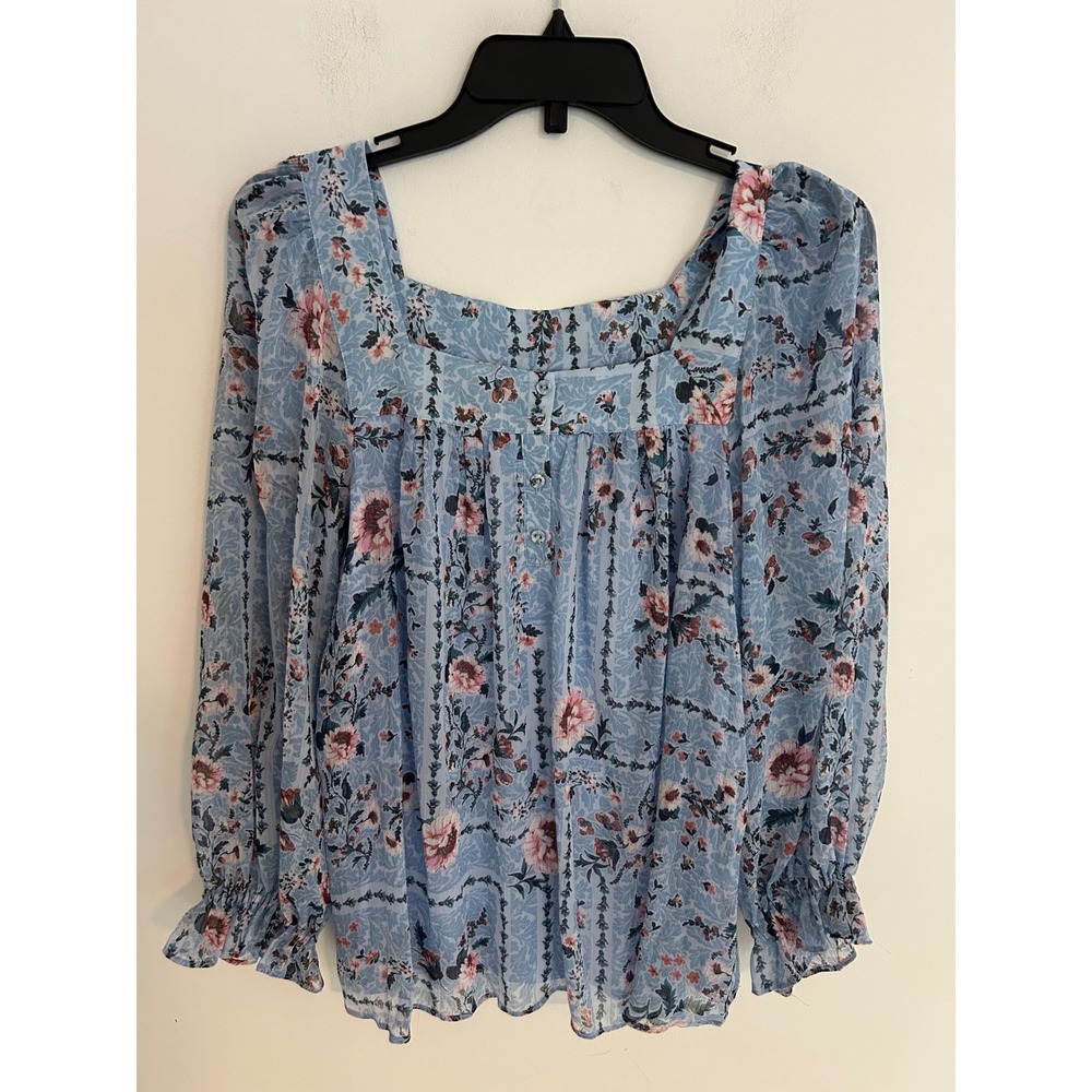 LC Romantic Blue Floral Square Neck Blouse Long Sleeve Ruffle Cuff Top Medium - Picture 1 of 10